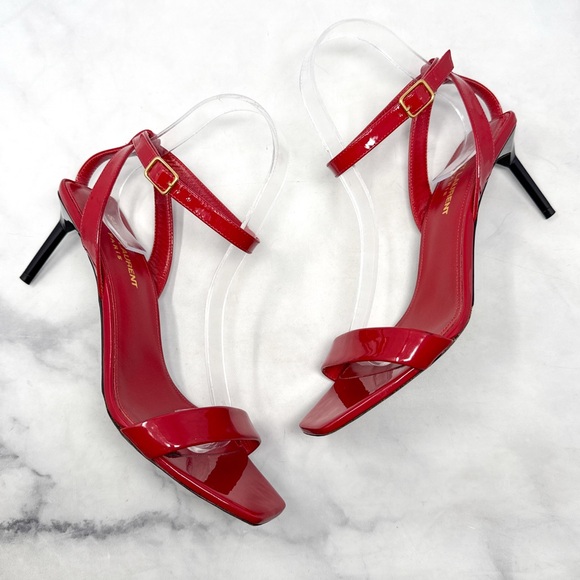 Saint Laurent Strappy Patent Leather Square Toe Ankle Strap Mid Sandal Heels Red - Picture 2 of 14